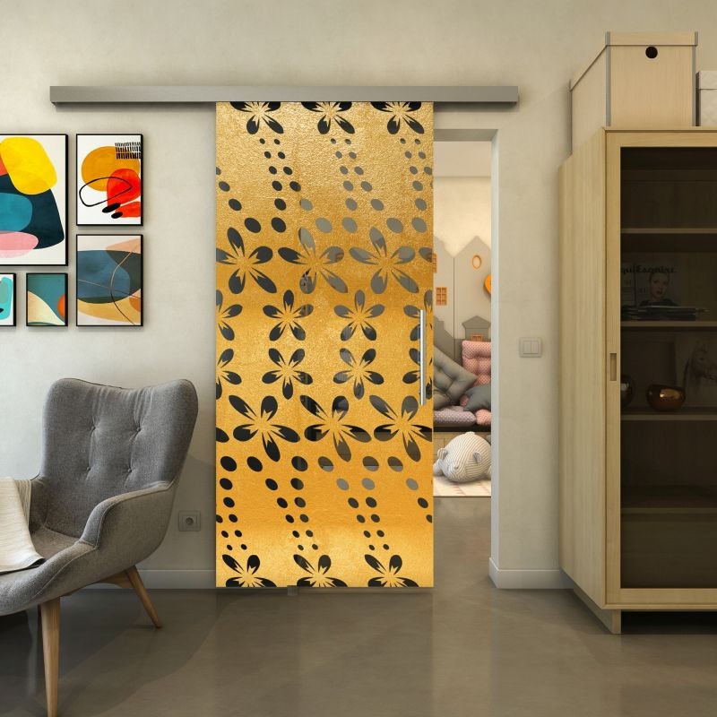 Glasschiebetür SLIM-LINE - Fineprint Modell 203 Gold auf Grauglas Glasschiebetür SLIM-LINE - Fineprint Modell 203 Gold auf Grauglas