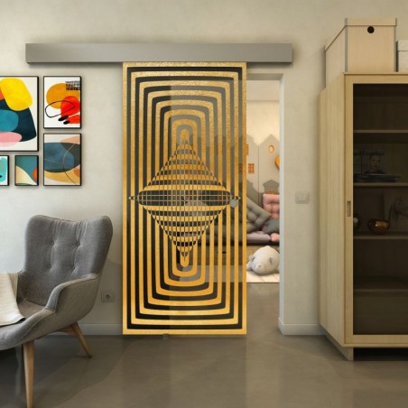 Glasschiebetür ECO-LINE - Fineprint Model 014 Gold auf Grauglas