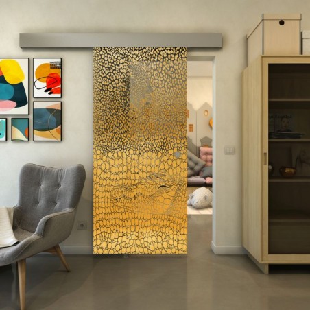 Glasschiebetür ECO-LINE - Fineprint Model 015 Gold auf Grauglas
