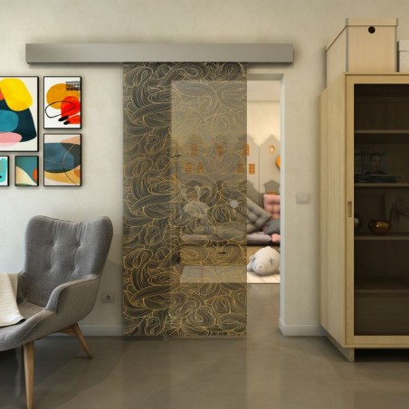 Glasschiebetür ECO-LINE - Fineprint Model 021 Gold auf Grauglas