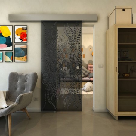 Glasschiebetür ECO-LINE - Fineprint Model 039 Schwarz auf Grauglas