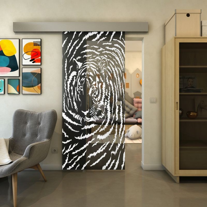 Glasschiebetür ECO-LINE - Fineprint Modell 057 Weiss auf Grauglas