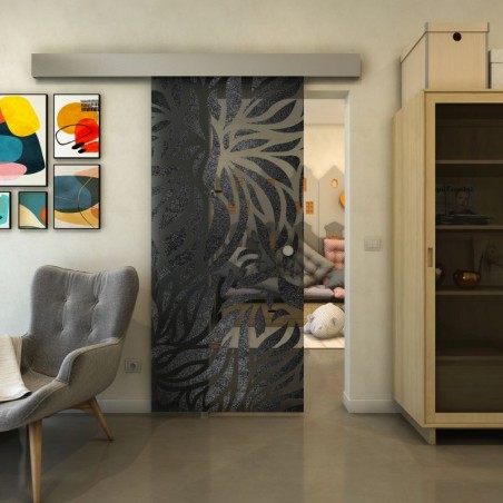 Glasschiebetür ECO-LINE - Fineprint Model 096 Schwarz auf Grauglas