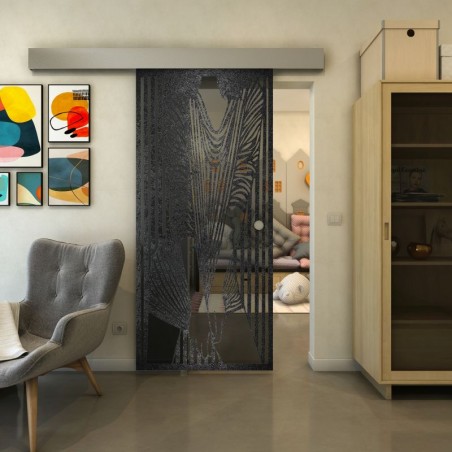 Glasschiebetür ECO-LINE - Fineprint Model 097 Schwarz auf Grauglas