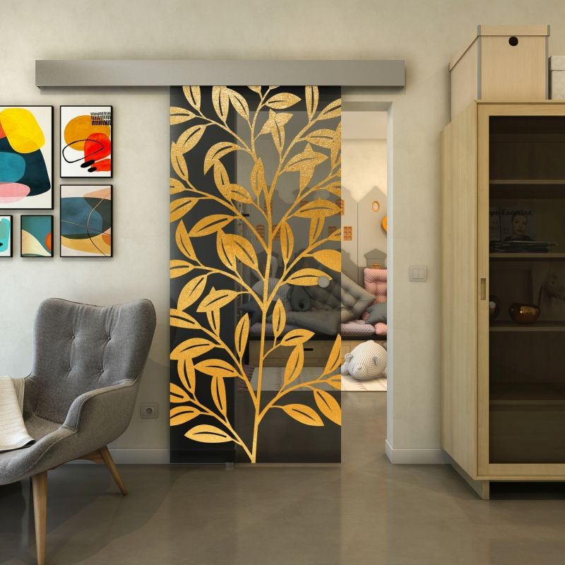 Glasschiebetür ECO-LINE - Fineprint Modell 099 Gold auf Grauglas Glasschiebetür ECO-LINE - Fineprint Modell 099 Gold auf Grauglas