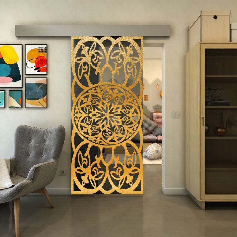 Glasschiebetür ECO-LINE - Fineprint Modell 100 Gold auf Grauglas Glasschiebetür ECO-LINE - Fineprint Modell 100 Gold auf Grauglas