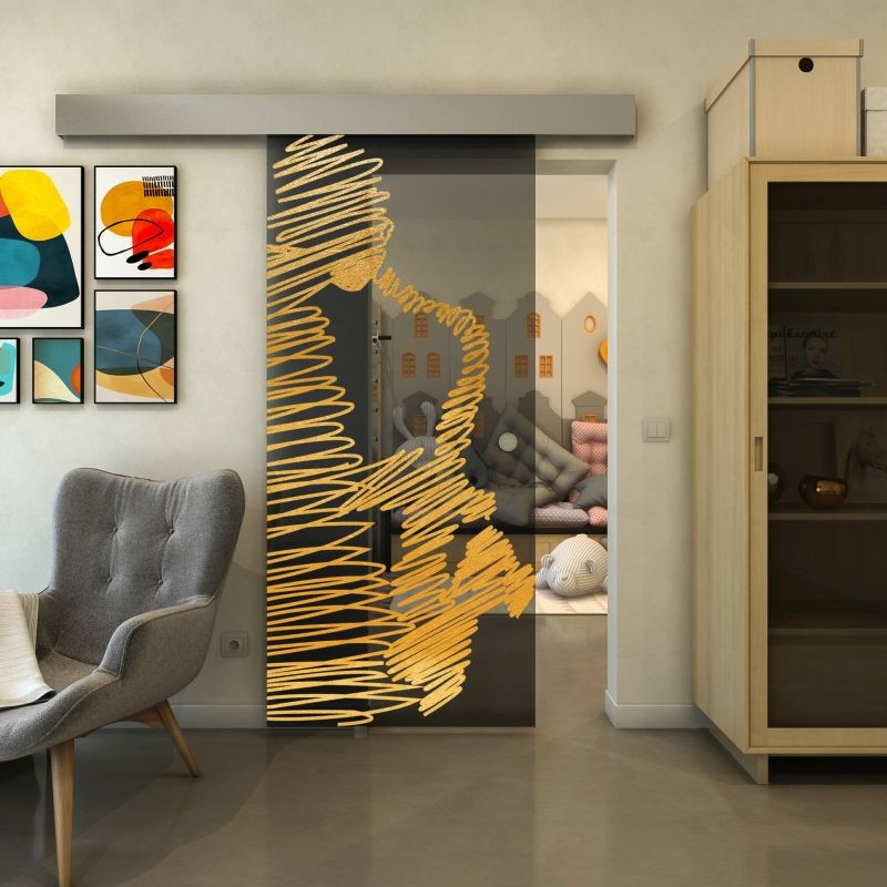 Glasschiebetür ECO-LINE - Fineprint Modell 106 Gold auf Grauglas Glasschiebetür ECO-LINE - Fineprint Modell 106 Gold auf Grauglas