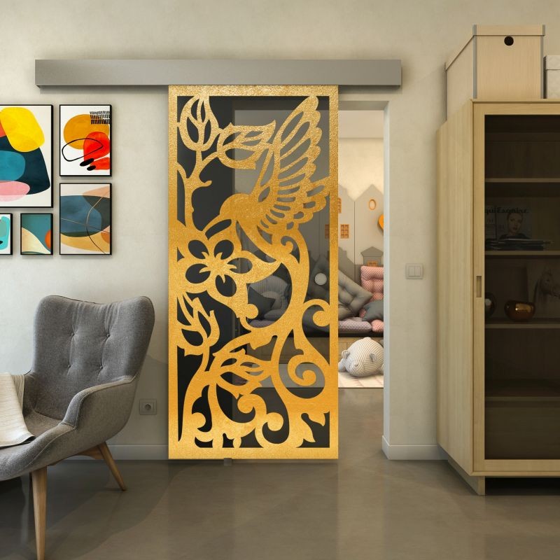Glasschiebetür ECO-LINE - Fineprint Modell 112 Gold auf Grauglas Glasschiebetür ECO-LINE - Fineprint Modell 112 Gold auf Grauglas