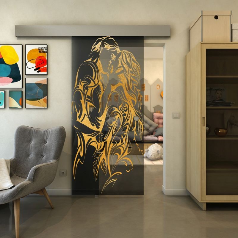 Glasschiebetür ECO-LINE - Fineprint Modell 116 Gold auf Grauglas Glasschiebetür ECO-LINE - Fineprint Modell 116 Gold auf Grauglas