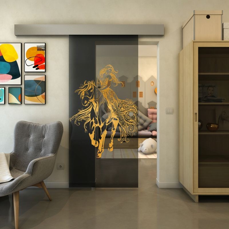Glasschiebetür ECO-LINE - Fineprint Modell 118 Gold auf Grauglas Glasschiebetür ECO-LINE - Fineprint Modell 118 Gold auf Grauglas