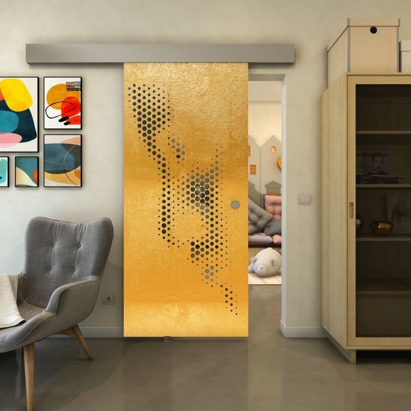 Glasschiebetür ECO-LINE - Fineprint Modell 120 Gold auf Grauglas Glasschiebetür ECO-LINE - Fineprint Modell 120 Gold auf Grauglas