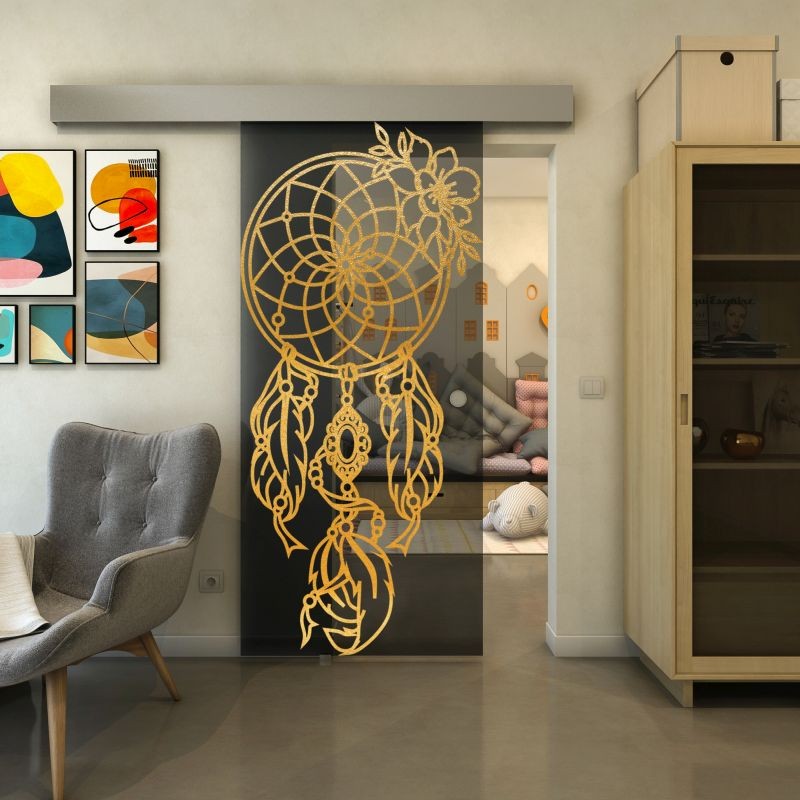 Glasschiebetür ECO-LINE - Fineprint Modell 125 Gold auf Grauglas Glasschiebetür ECO-LINE - Fineprint Modell 125 Gold auf Grauglas