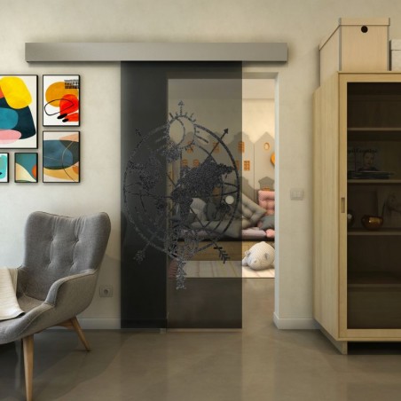 Glasschiebetür ECO-LINE - Fineprint Model 127 Schwarz auf Grauglas