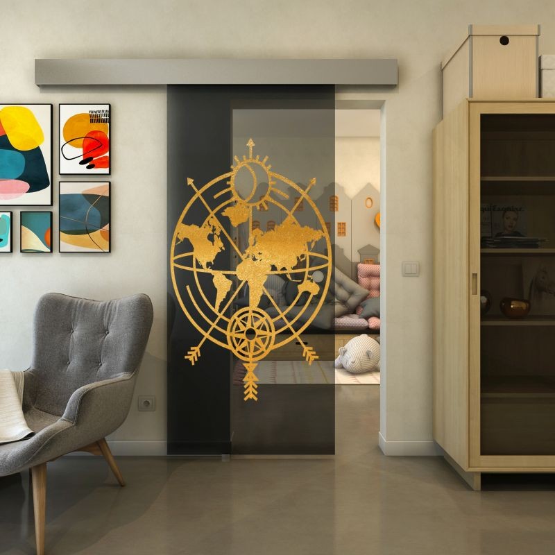 Glasschiebetür ECO-LINE - Fineprint Modell 127 Gold auf Grauglas Glasschiebetür ECO-LINE - Fineprint Modell 127 Gold auf Grauglas