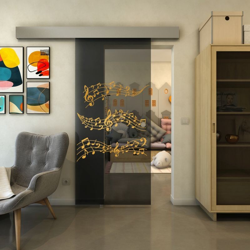 Glasschiebetür ECO-LINE - Fineprint Modell 128 Gold auf Grauglas Glasschiebetür ECO-LINE - Fineprint Modell 128 Gold auf Grauglas
