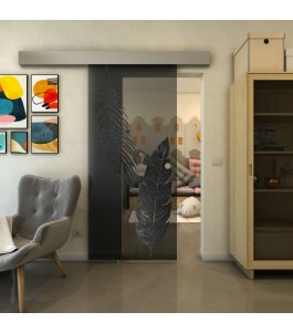 Glasschiebetür ECO-LINE - Fineprint Model 129 Schwarz auf Grauglas