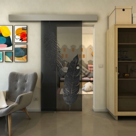 Glasschiebetür ECO-LINE - Fineprint Model 129 Schwarz auf Grauglas