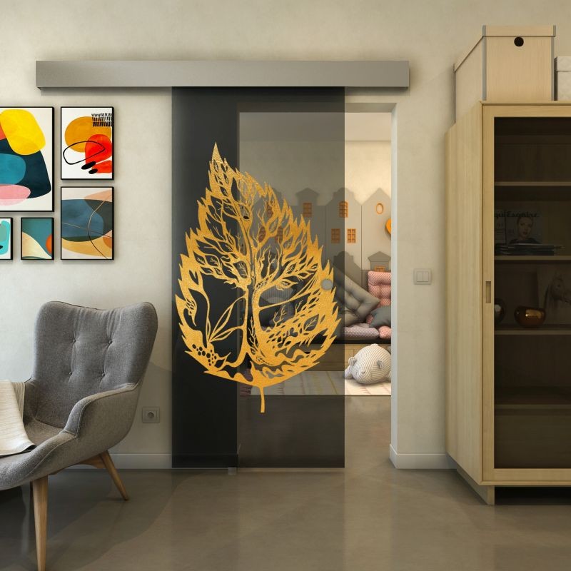 Glasschiebetür ECO-LINE - Fineprint Modell 130 Gold auf Grauglas Glasschiebetür ECO-LINE - Fineprint Modell 130 Gold auf Grauglas