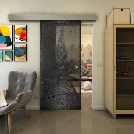 Glasschiebetür ECO-LINE - Fineprint Model 132 Schwarz auf Grauglas