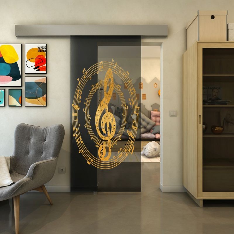 Glasschiebetür ECO-LINE - Fineprint Modell 134 Gold auf Grauglas Glasschiebetür ECO-LINE - Fineprint Modell 134 Gold auf Grauglas