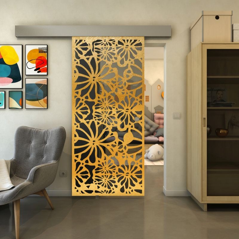 Glasschiebetür ECO-LINE - Fineprint Modell 145 Gold auf Grauglas Glasschiebetür ECO-LINE - Fineprint Modell 145 Gold auf Grauglas
