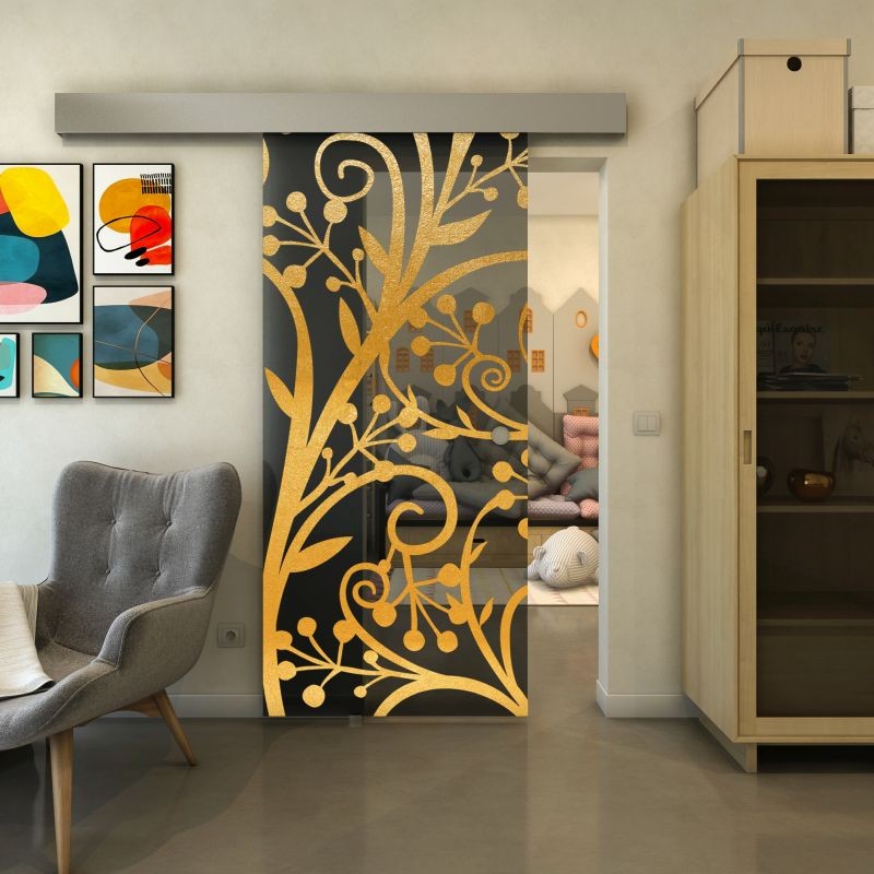 Glasschiebetür ECO-LINE - Fineprint Modell 146 Gold auf Grauglas Glasschiebetür ECO-LINE - Fineprint Modell 146 Gold auf Grauglas