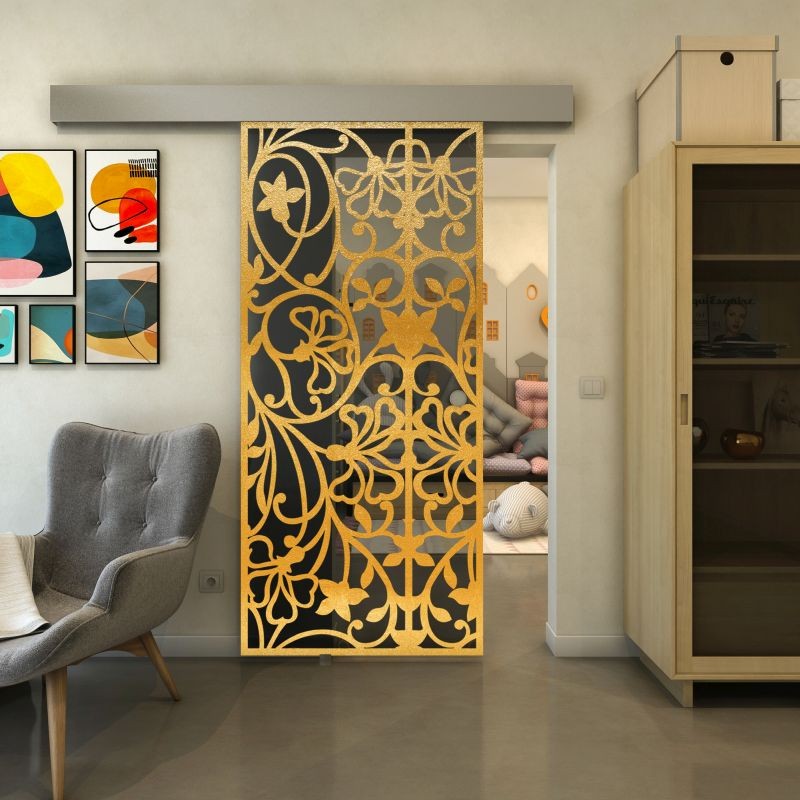Glasschiebetür ECO-LINE - Fineprint Modell 147 Gold auf Grauglas Glasschiebetür ECO-LINE - Fineprint Modell 147 Gold auf Grauglas