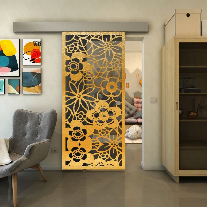 Glasschiebetür ECO-LINE - Fineprint Modell 149 Gold auf Grauglas Glasschiebetür ECO-LINE - Fineprint Modell 149 Gold auf Grauglas