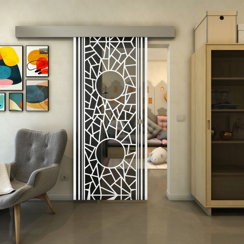 Glasschiebetür ECO-LINE - Fineprint Modell 154 Weiss auf Grauglas
