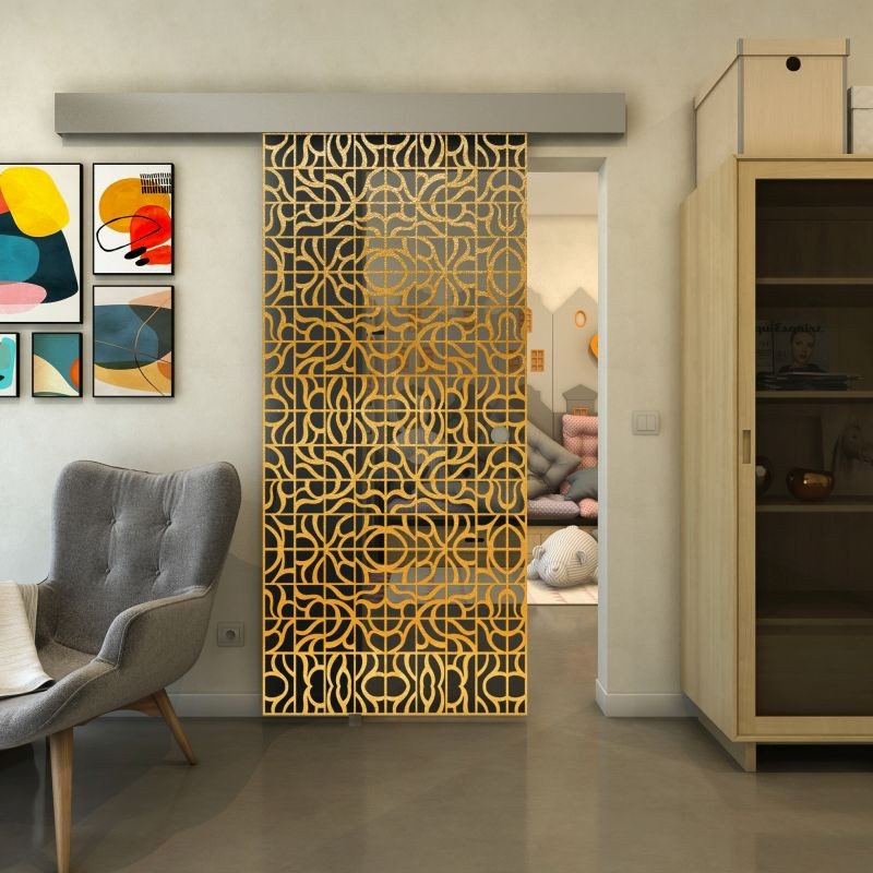 Glasschiebetür ECO-LINE - Fineprint Modell 161 Gold auf Grauglas Glasschiebetür ECO-LINE - Fineprint Modell 161 Gold auf Grauglas