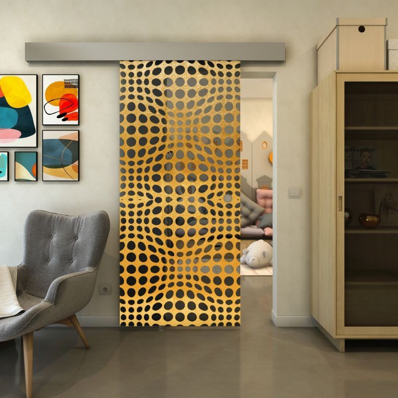 Glasschiebetür ECO-LINE - Fineprint Modell 162 Gold auf Grauglas Glasschiebetür ECO-LINE - Fineprint Modell 162 Gold auf Grauglas