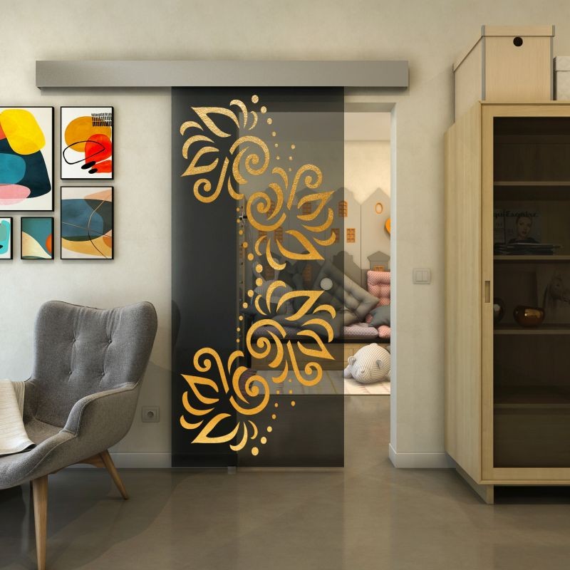 Glasschiebetür ECO-LINE - Fineprint Modell 163 Gold auf Grauglas Glasschiebetür ECO-LINE - Fineprint Modell 163 Gold auf Grauglas
