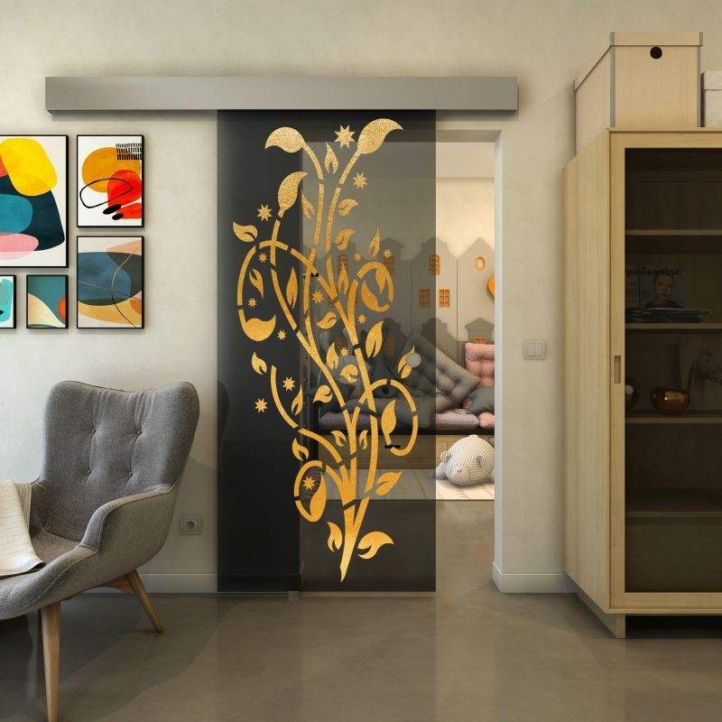 Glasschiebetür ECO-LINE - Fineprint Modell 166 Gold auf Grauglas Glasschiebetür ECO-LINE - Fineprint Modell 166 Gold auf Grauglas