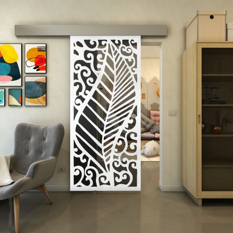 Glasschiebetür ECO-LINE - Fineprint Modell 173 Weiss auf Grauglas