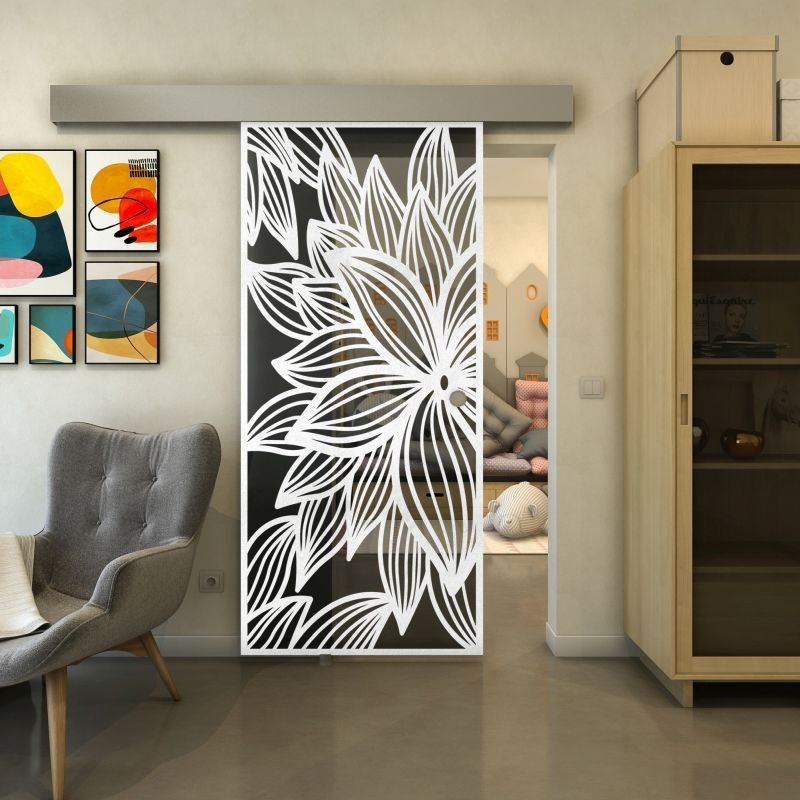 Glasschiebetür ECO-LINE - Fineprint Modell 184 Weiss auf Grauglas Glasschiebetür ECO-LINE - Fineprint Modell 184 Weiss auf Grauglas