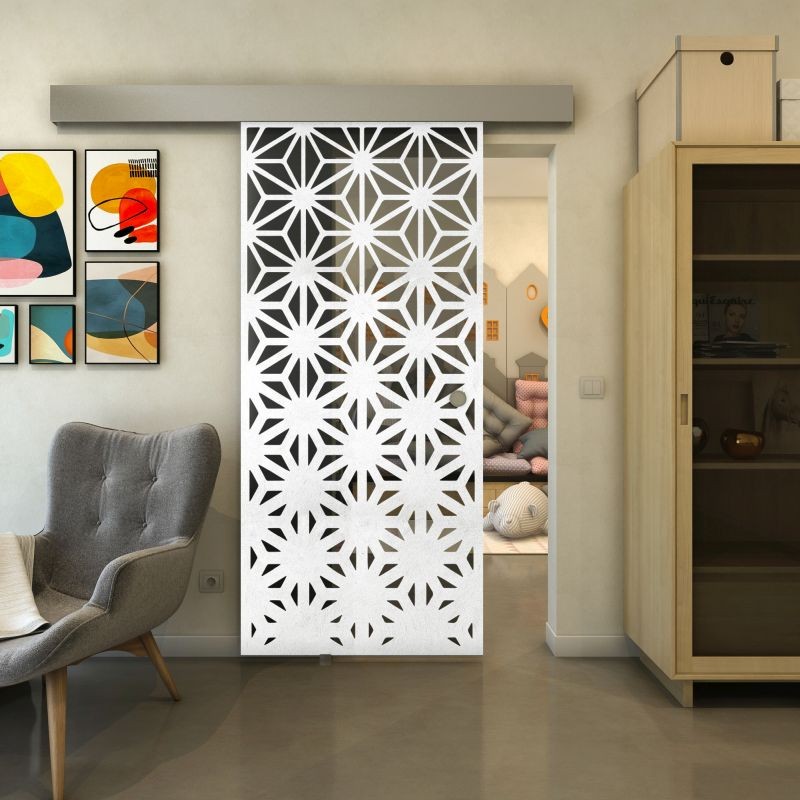 Glasschiebetür ECO-LINE - Fineprint Modell 187 Weiss auf Grauglas