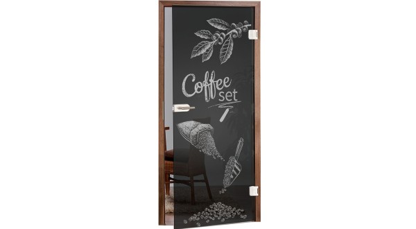 Ganzglastür, Lasermotiv auf Grauglas- Kaffee