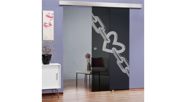 Love Motiv-Auf Grauglas Slim-Line Glasschiebetüren