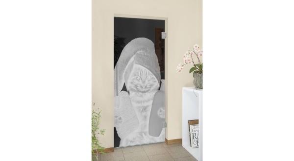 Pendeltüren-Lasergravur auf Grauglas Bad + WC