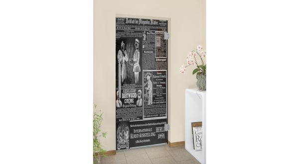Pendeltüren-Lasergravur auf Grauglas Vintage